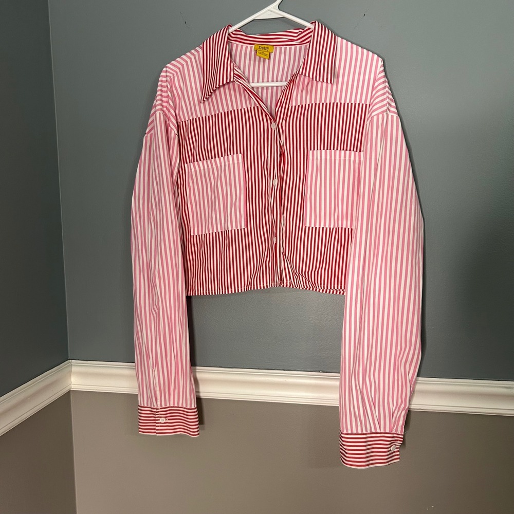 Daisy Womens 2X Red Pink Striped Cropped Button Up Shirt Long Sleeve‎ Pockets